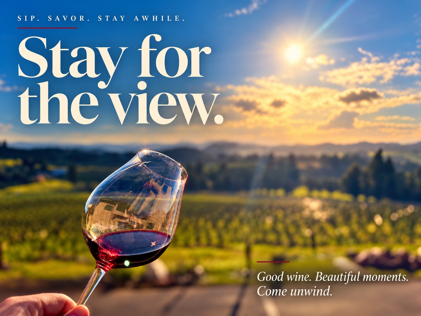 Wine flyer reading: Sip. Savor. Stay awhile. Stay for the view. Good wine. Beautiful moments. Come unwind.