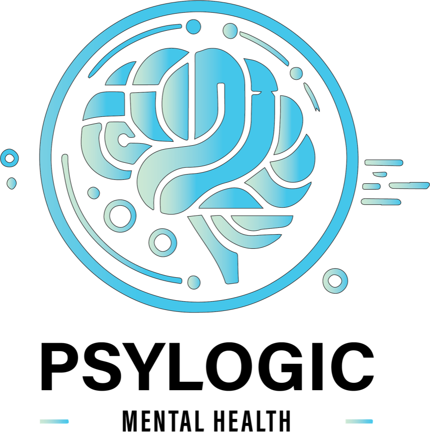 Psylogic Mental Health logo with a blue brain motif